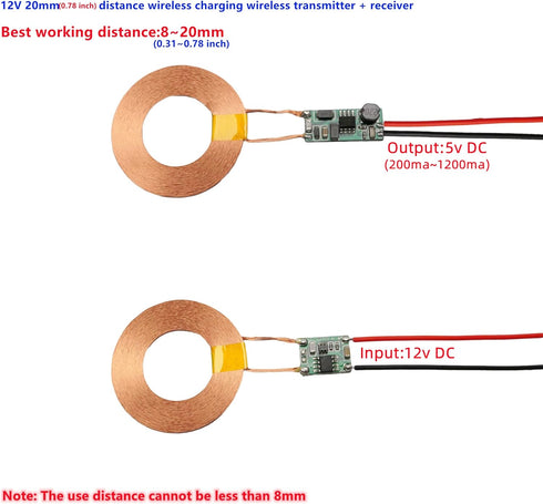 12V 23mm Distance Wireless Charging 5V 100mA~1.2A Output 42mm Coil Wireless Transmitter + Receiver Power Charger Transfer (42mm Coil)......