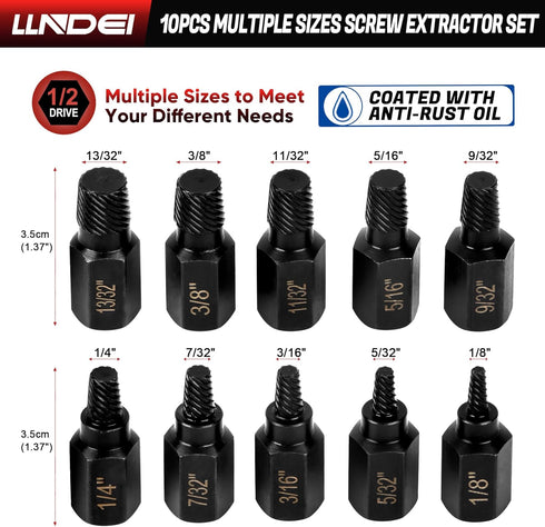 LLNDEI Screw Extractor Set, Hex Head Easy Out Bolt Extractor Set 10 Pieces, Multi-Spline Ez Out Stripped Extractor (1/8”-13/32”) CR-MO, Stripped F...