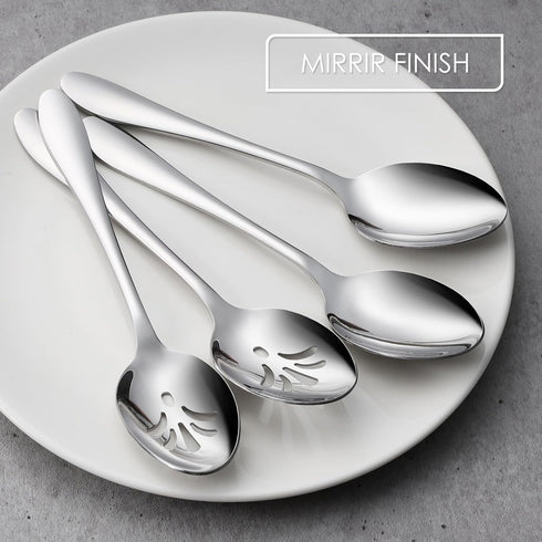 E-far Serving Spoons, 4-Piece Stainless Steel Serving Utensils Set - Solid Spoons x 2, Slotted Spoons x 2, Metal Hostess Serving Tablespoons for C...