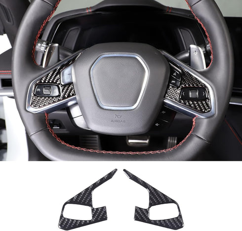 Real Carbon Fiber Steering Wheel Button Cover Sticker Compatible with Chevrolet Corvette C8 2020-2023, Car Steering Wheel Panel Protection Trim (B...