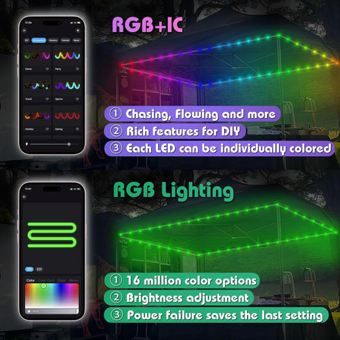 40ft LED Tent Lights, Battery Operated RGB Color Changing LED Tent Lights with APP and Remote Control, Chasing LED Rope Light for Canopy (RGB+IC, ...