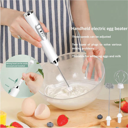 Rechargeable Milk Frother, 3-Speed Electric Handheld Frother for Coffee with 2 Whisks and Coffee Decoration Tool, Coffee Frother Mixer, Stand-up D...