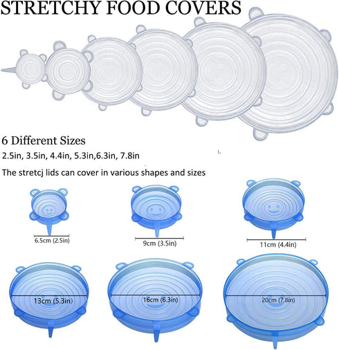 JIGUOOR Silicone Stretch Lids, 6 Pack Reusable Silicone Lids, Durable Food Storage Silicone Covers for Bowl, 6 Sizes to Meet Most Containers to Ke...