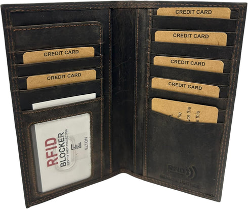 E ELTON Genuine Hunter Leather Long Checkbook Wallet for Men & Women - RFID Blocking Technology Black...