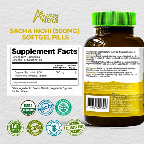 Amazon Andes Sacha Inchi Oil Capsules - Source of omegas 3, 6 and 9 - Healthier Source of Essential Fatty Acids - Vegan, Non-GMO, Allergen-free & ...