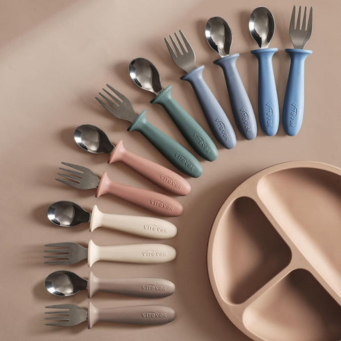 6 Pieces Toddler Utensils, Children Silverware Set with Silicone Handle, Kids Safe Spoons and Forks, Dishwasher Safe, 18/8 Stainless Steel, Food-g...