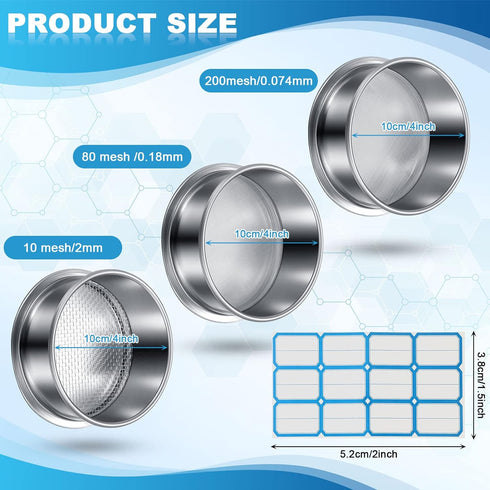 3 Pcs 304 Stainless Lab Sieves, 200 Mesh (0.074 Mm), 80 Mesh (0.18 Mm), 10 Mesh (2 Mm) Aperture Test Sieve, 4 Inch Diameter Economy Test Sieve wit...