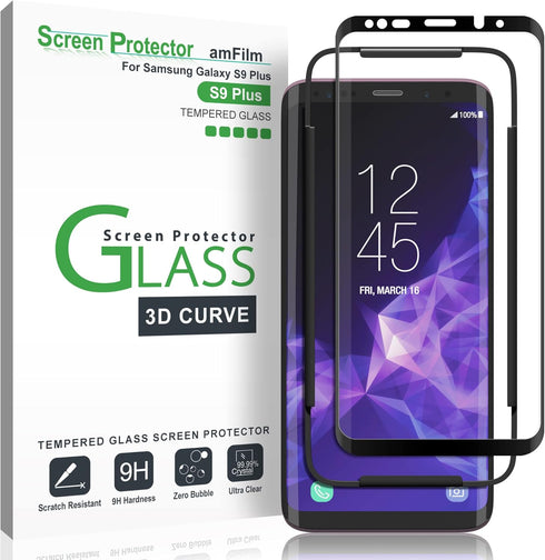 amFilm Glass Screen Protector for Samsung Galaxy S9 Plus, 3D Curved Tempered Glass, Dot Matrix with Easy Installation Tray, Case Friendly (Black)...