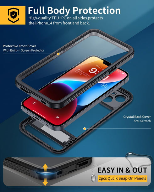 Lanhiem for iPhone 14 Case with Kickstand, IP68 Waterproof Dustproof Built-in Screen Protector, Full Body Shockproof Protective Front and Back Cov...