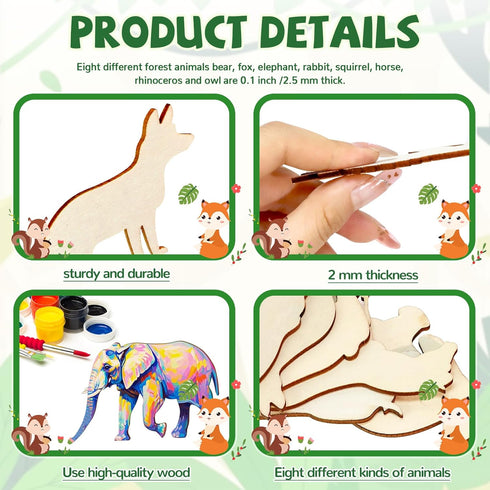 48 Pack Unfinished Wooden Woodland Forest Animal Life Cutouts,Bear,Fox,Elephant,Rabbit,Squirrel,Horse,Rhinoceros,Owl Shapes Model for Home Decor O...