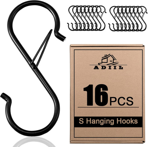 ADIIL 16 Pcs S Hooks for Hanging with Safety Buckle, Heavy Duty Metal S Shaped Closet Hooks for Hanging Plants, Kitchen Utensils, Jeans, Bags, Pot...