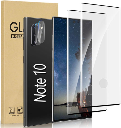 [2+2 Pack Galaxy Note 10 Screen Protector, 9H Tempered Glass with Camera Lens Protector, Ultrasonic Fingerprint Support, 3D Curved, HD Clear Scrat...
