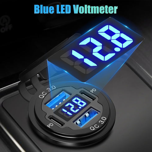 12V USB C Outlet 78W 4 Ports Aluminum Car Charger Socket, Dual PD 30W and Dual QC 18W Car USB Port 12V Charger with Voltmeter and C to C Cable, Su...