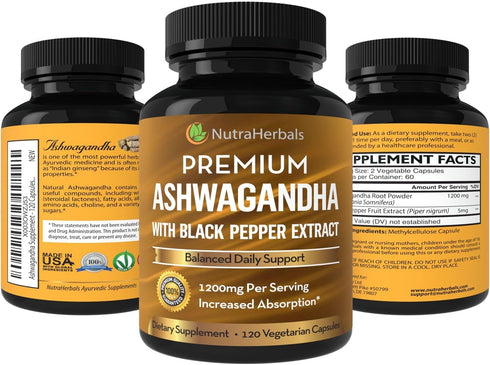 Ashwagandha Supplement Made with Premium Ashwaganda Root Powder 1200mg with Black Pepper Extract for Increased Absorption - 120 Vegi Capsules...