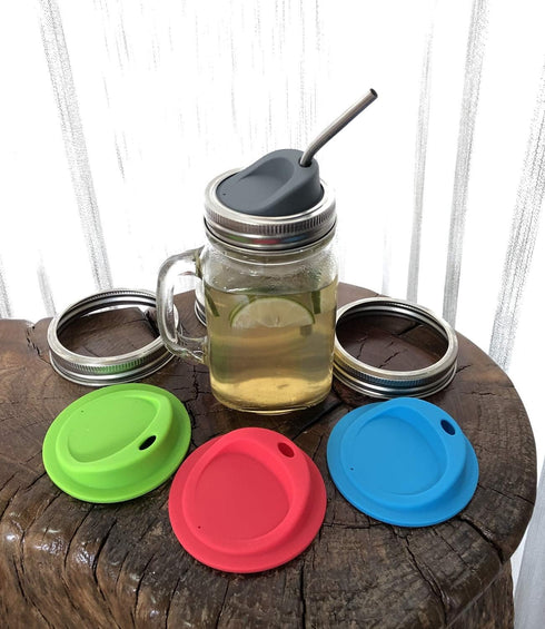 Reusable Food Grade and BPA Free Silicone Sip Coffee Juice Drinking Lid Kit with Stainless Steel Rings for Mason, Ball, Canning Jars, Pack of 4 Se...