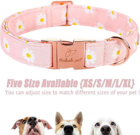 Cotton Dog Collar for Small Dogs Adjustable Cute Boy Girl Dog Collars with Metal Buckle Baby Pink Daisy Dogs Collar S...
