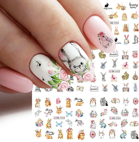 12 Sheets Rabbit Nail Stickers Animal Water Transfer Nail Decals Holographic Art Sticker Decal Rabbit Butterfly Flower Nail Art Design for Women G...