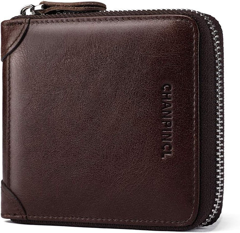 Mens Genuine Leather Zipper Wallet RFID Secure Large Capacity Double Fold Multi-card Leather Wallets for Men and coin purse...
