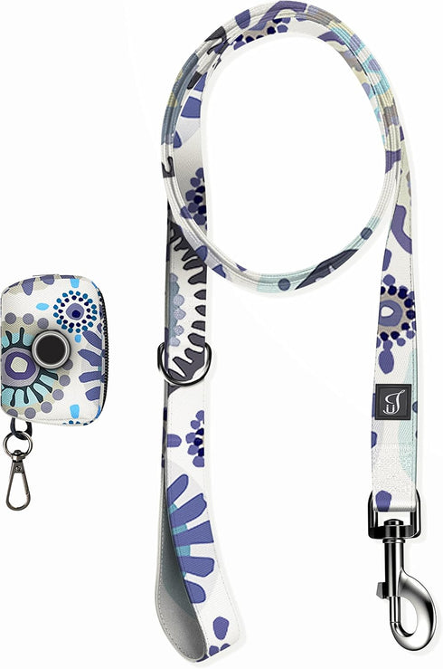 Ultra Joys Dog Leash with Dog Poop Bag Dispenser - Heavy Duty Cotton Fabric Pet Leash with Metal Clasps - Blue Daisy 5ft Dog Leash and Dog Waste B...