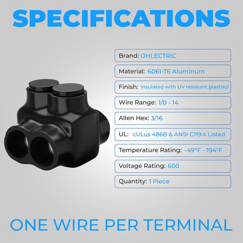 OHLECTRIC Black Insulated Electrical Power Single Side Entry connector- 1/0-14" Wire Range -Slotted Hex Screw -Rugged Di-Electric Rubber/Vinyl Coa...