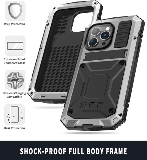 iPhone 14 5G Metal Case with Kickstand Built-in Screen Protector Camera Cover Sturdy Military Armor Durable Full Body Heavy Duty Shockproof Drop T...