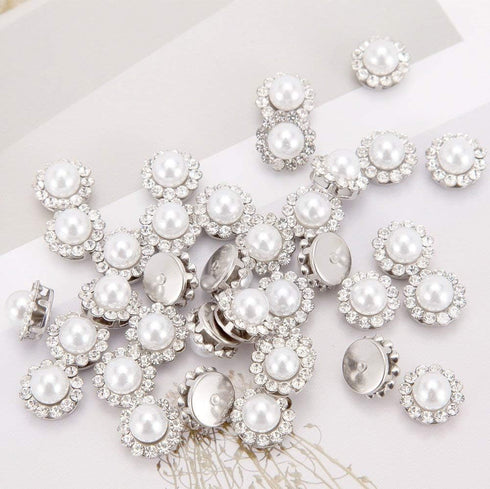 100Pcs Crystal Pearl Buttons, Round Flatback Rhinestone Beads Buttons with Diamond, DIY Craft Sewing Fasteners Accessories for Jewelry Making, Clo...