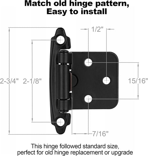 4 Pack (2 Pair) Matte Black Self Closing Cabinet Hinges for Flush Mount Kitchen Cabinet Door, 1/2" Overlay (Variable) Face Frame Semi Concealed Ki...