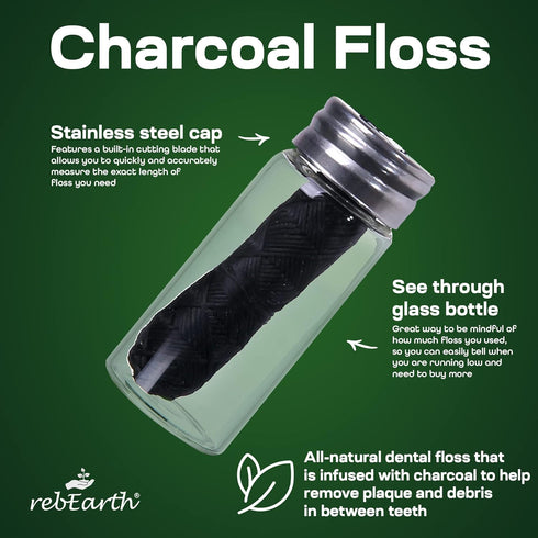Natural Deep Clean Charcoal Floss - Oral Care Dental Floss w/Mint Flavor, 30m Tooth Floss in Glass Container, Bamboo Floss w/Reusable Floss Contai...