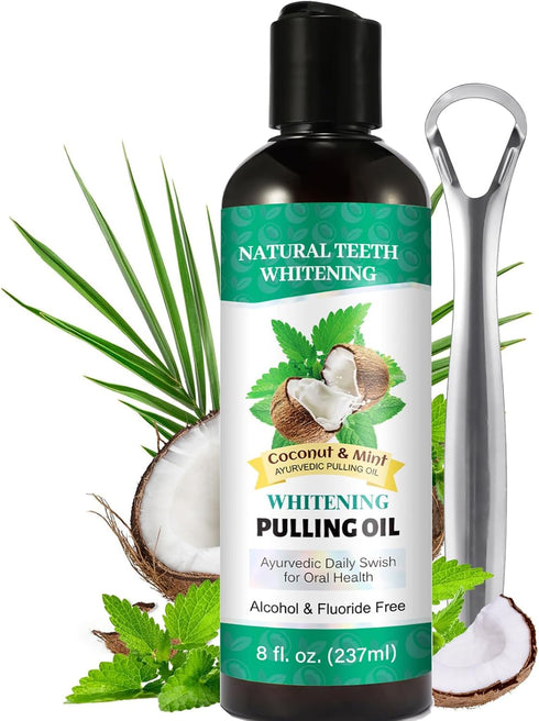 Oil Pulling 8 Fl.Oz,Mint Oil Pulling Mouthwash with Tongue Scraper, Natural Pulling Oil with Coconut & Peppermint Oil-Supports Healthy Gums & Fres...