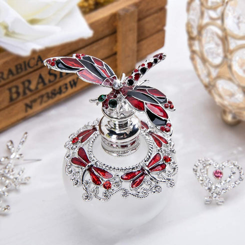 YU FENG Dragonfly Decorative Glass Perfume Bottle Jeweled Enameled Fancy Crystal Perfume Holder Scent Bottles Empty Refillable(Red,40ml)...