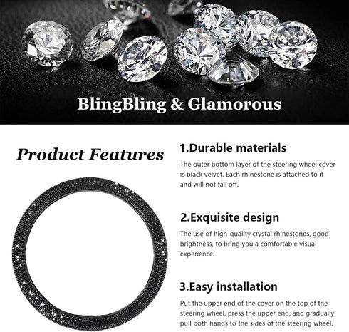 Bling Steering Wheel Cover, Crystal Diamond Steering Wheel Protector for Women Girls, 14-15 Inch Sparkling Rhinestone Decor Accessories, Universal...