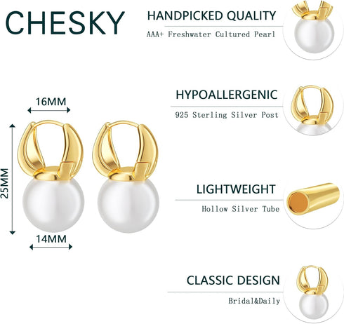 CHESKY Pearl Earrings for Women, Dainty 14K Gold Plated/925 Sterling Silver Drop Quality Handpicked AAA+ Freshwater Cultured Round Pearls Dangle E...