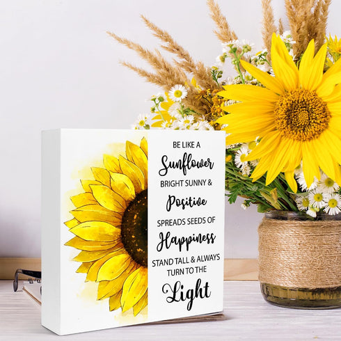 Creoate Sunflower Desk Decor, Inspirational Wood Block Sign Desk Decorations for Home Girls Room Dorm Office Desk Shelf Table Decor - Be Like a Su...