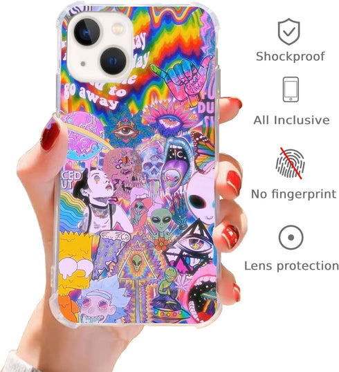 Hippie Aesthetic Indie Psychedelic Case Compatible with iPhone 15, Aliens Trippy Eyes Case for iPhone 15, Cool TPU Bumper Case Cover......