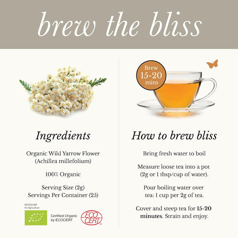 Wild Bliss Organic Yarrow Tea - Caffeine Free Loose Leaf Herbal Tea - Pharmacopoeia Potency - 1.76 Ounces - 25 Servings...