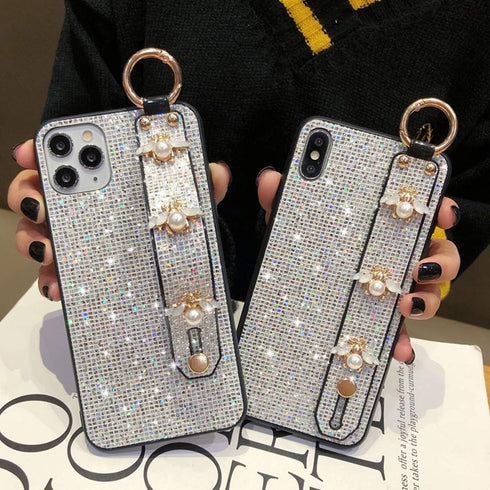 aowner iPhone 13 Pro Max Silver Glitter Bee Case with Stand, Strap & Diamond Wrist Bracket - 6.7 Inch, Shockproof...