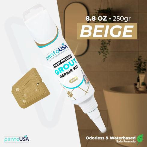 PentaUSA Tile Grout Repair Kit - Beige Grout Filler, Triple Protection, Fast Drying Formula Restores and Renews Grout Lines with Grout Float (Beig...