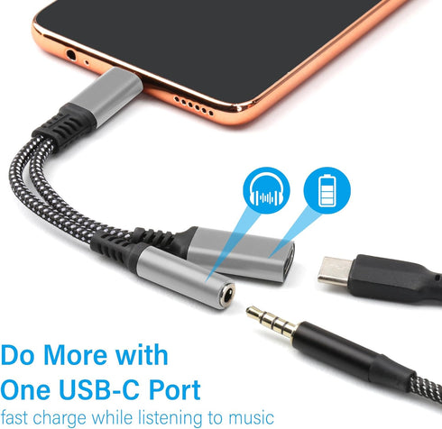 USB C to 3.5mm Headphone and Charger Adapter, 2-in-1 USB C PD 3.0 Charging Port to Aux Audio Jack and Fast Charging Dongle Cable Cord Compatible w...