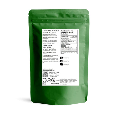 Food to Live California Almonds, 8 Ounces Supreme, Whole, Raw, Unsalted, Unroasted Nuts, Natural. Kosher, Vegan. Keto, Paleo, Low Sodium, Bulk. Gr...