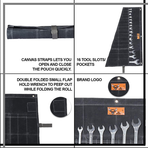 16 Pocket Wrench Roll Up Pouch Metric & Standard Wrench Set Organizer & Roll-Up Pouch Tool Bag Hand Made of 100% Cotton Full Waxed Canvas - Coal B...