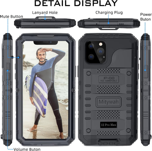 Mitywah Waterproof Case for iPhone 12 Pro Max, Heavy Duty Military Grade Armor Metal Case, Full Body Protective Rugged Shockproof Thick Dustproof ...
