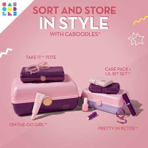 Caboodles Pretty in Petite Makeup Box, Two-Tone Pink on Lavender, Hard Plastic Organizer Box, 2 Swivel Trays, Fashion Mirror, Secure Latch for Saf...
