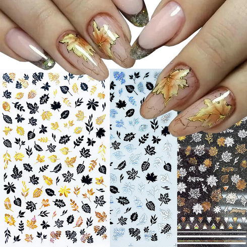 8Sheets Gold Maple Leaf Nail Stickers 3D Fall Nail Art Supplies Holographic Autumn Nail Art Sticker Maple Leaves Design Foils Laser Shiny DIY Nail...