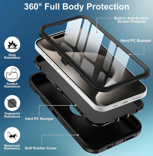 for iPhone 15 Pro Max Case, with Built in Screen Protector Heavy Duty Drop Protection, Full Body Rugged Shockproof Dust Proof Protective Phone Cov...