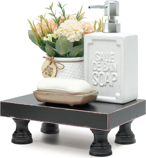 Modern Pedestal Stand for Kitchen Decor : Decorative Wood Riser for Display and Farmhouse Soap Dispenser Tray and Sponge Holder - Retro Countertop...