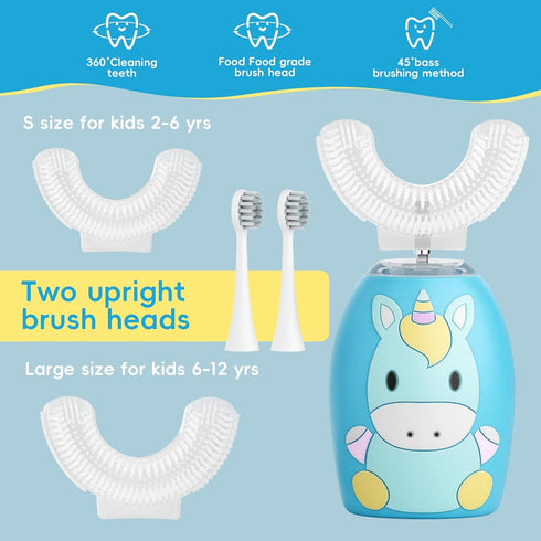 U Shaped Toothbrush Kids Electric Age 2-12 with 4 Brush Heads,Rechargeable Toothbrush for Kids with 2 Modes,360-Degree Cleaning IPX7 Waterproof De...