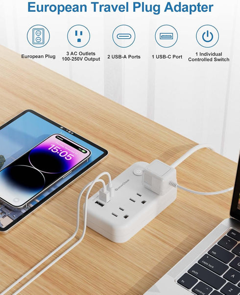 European Travel Plug Adapter, US to Europe Plug Adapter with 3 AC Outlets and 3 USB, Type E/F - International Power Strip for USA to Europe EU Ger...