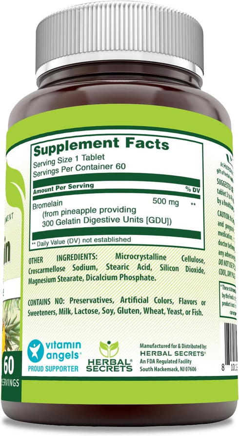 Herbal Secrets Bromelain Supplement 500 Mg Tablets Supplement | Non-GMO | Gluten Free | Made in USA (60 Count)...