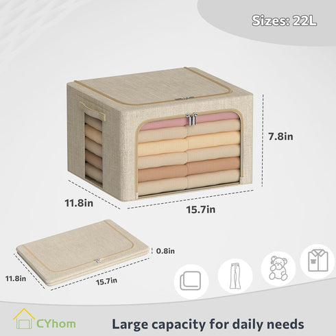 Clothes Storage Bins Box - Linen Fabric Foldable Stackable Container Organizer Set with Clear Window & Carry Handles & Metal Frame - 2Pack Large C...