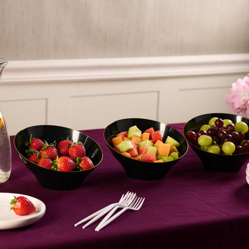 PLASTICPRO Angled Plastic Bowls Disposable Medium Plastic Black Serving Bowls with Gold Rim for Party for Appetizer Salads Pack of 4...